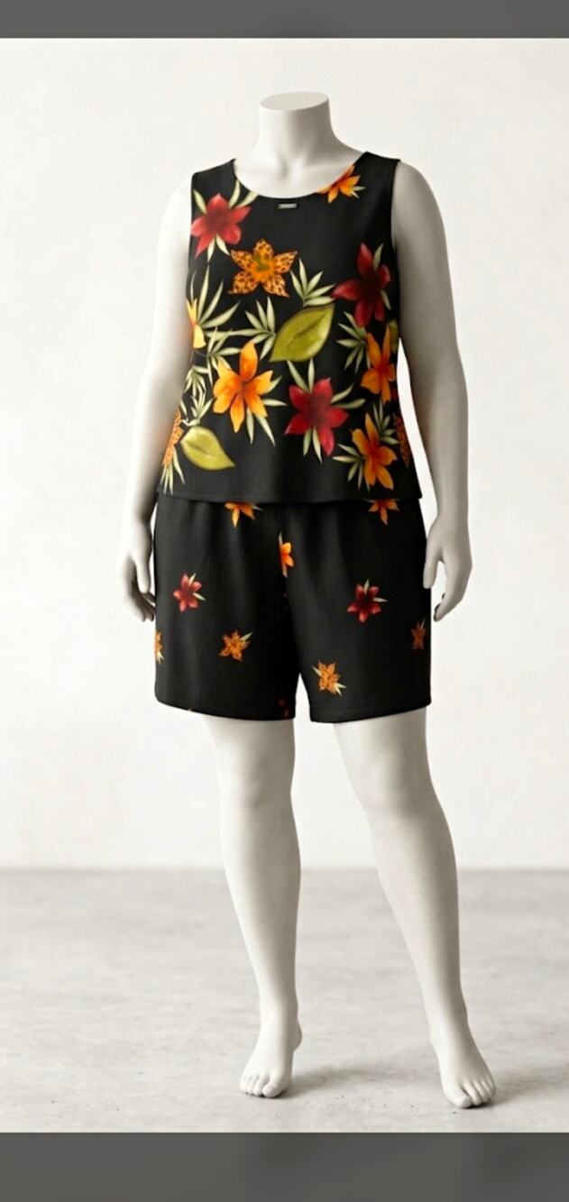 Caribou New York 1X 2pc Tropical Floral Tank & Shorts Set Rayon Black Hawaiian